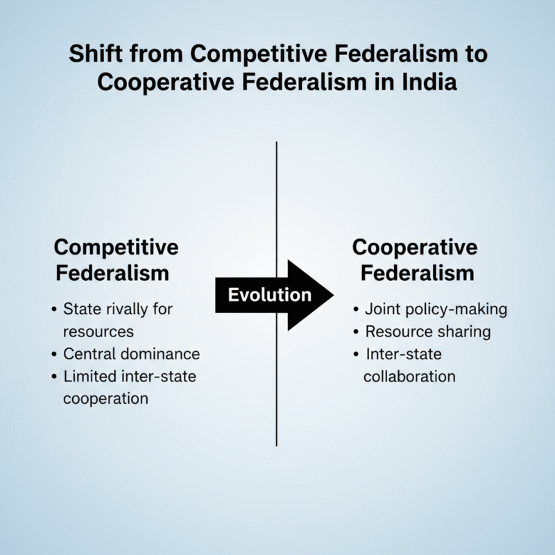 The way of Indian Constitution provides for a gradual shift from competitive federalism to cooperative federalism