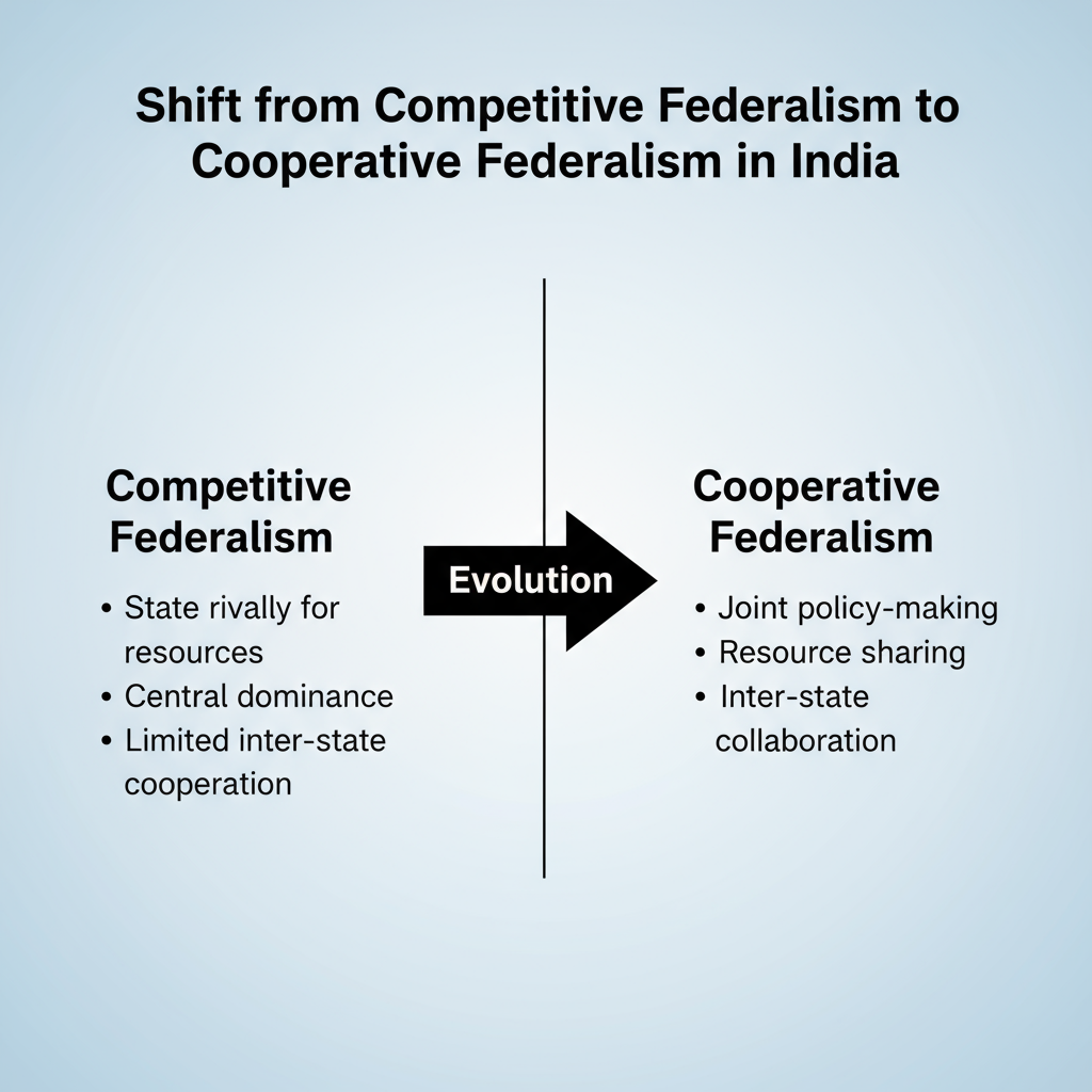 The way of Indian Constitution provides for a gradual shift from competitive federalism to cooperative federalism